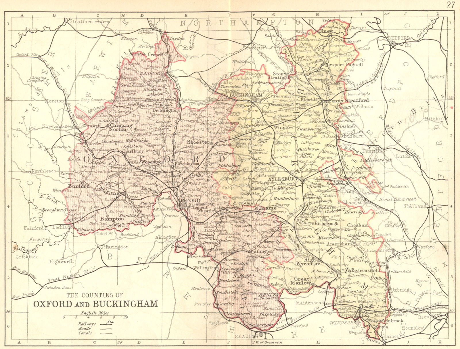 OXON BUCKS. Oxfordshire Buckinghamshire; Philip 1876 old antique map chart